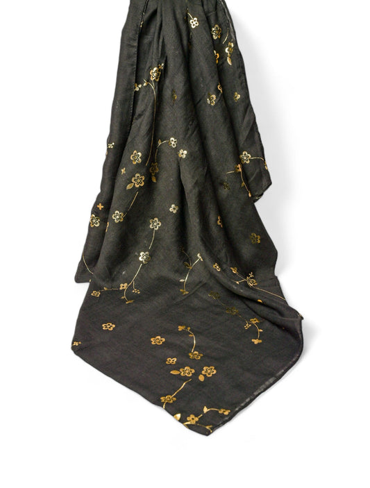 Golden Foil Lawn Hijab - Black